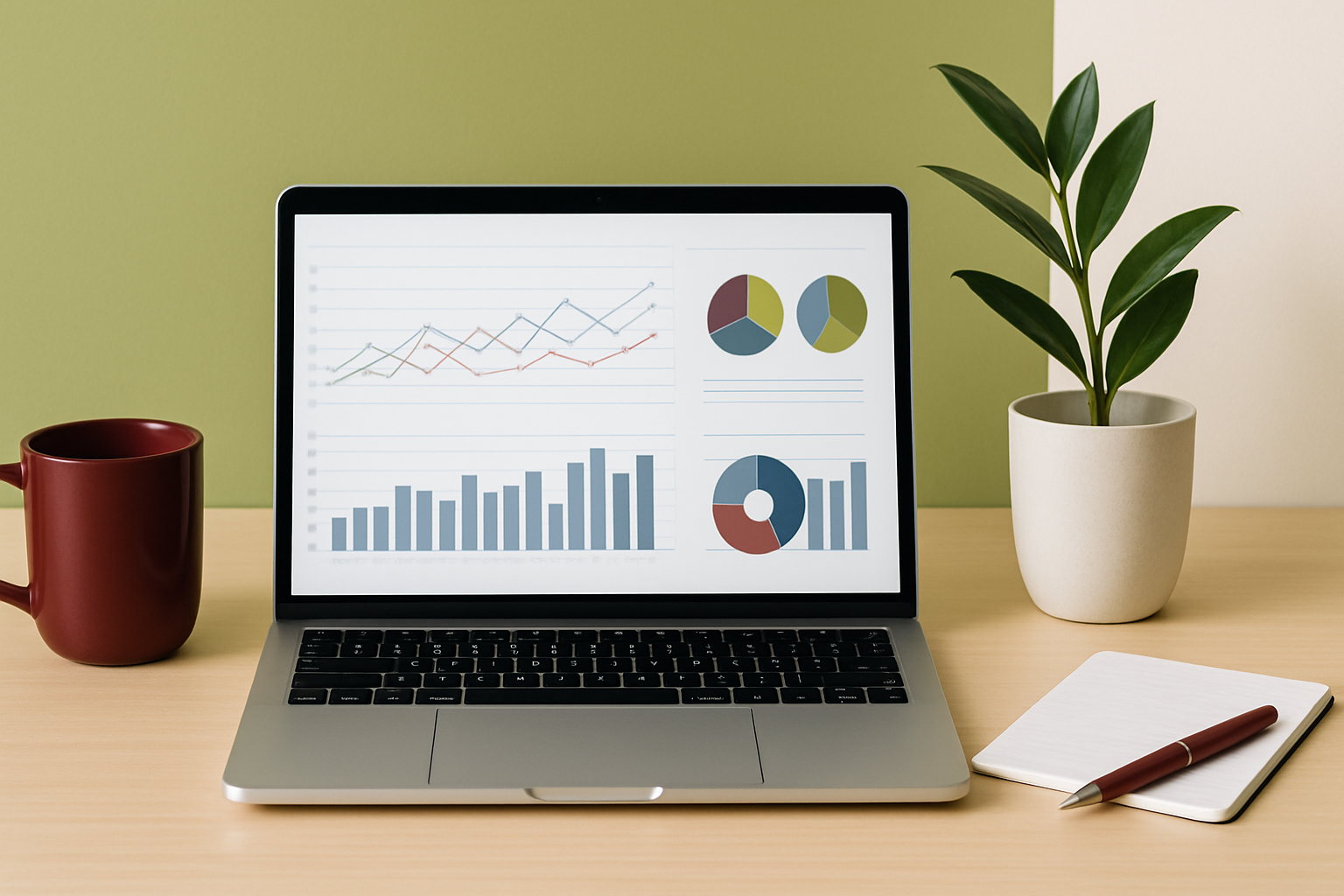 Modern organized workspace with laptop displaying financial dashboards, representing Fiscal Wealth Partners’ bookkeeping and CFO services.