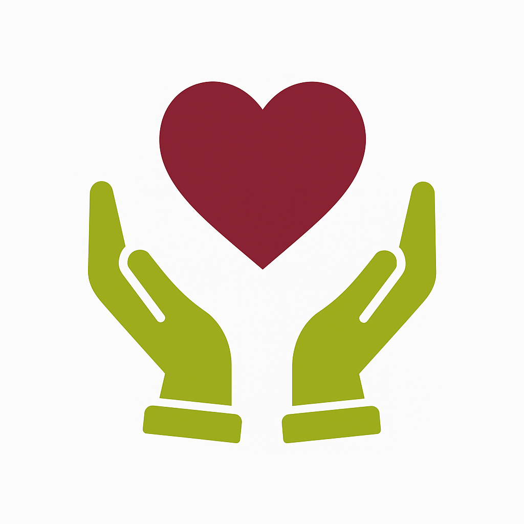 About Us 3 Empathy icon – two olive green hands holding a deep maroon heart
