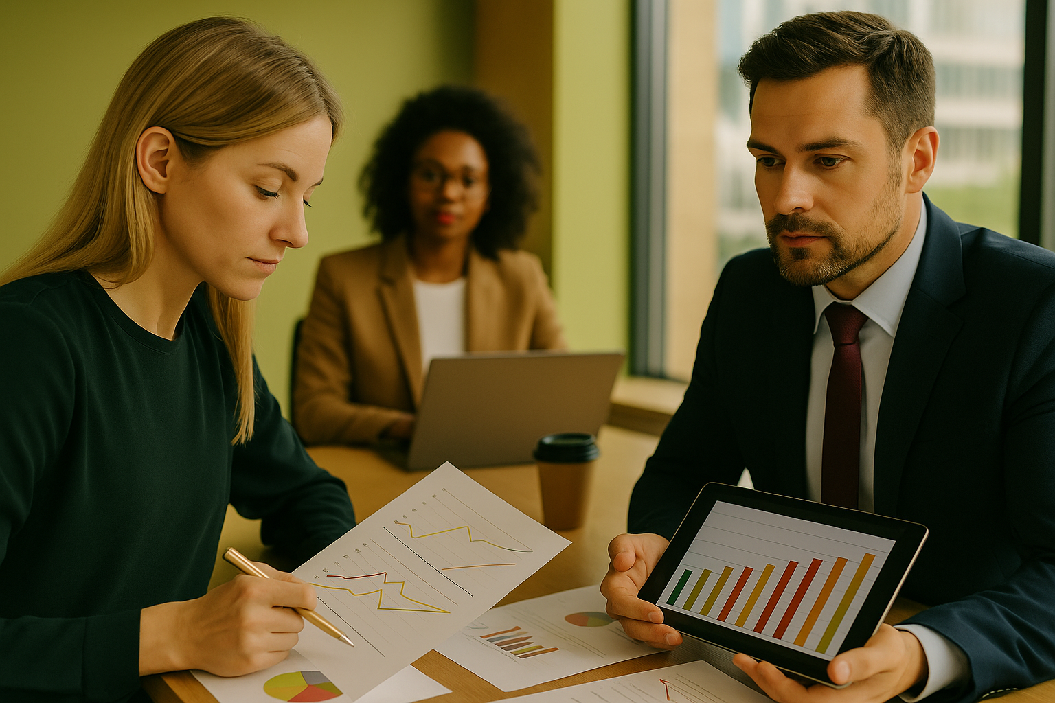 Three financial professionals in a meeting discussing strategy