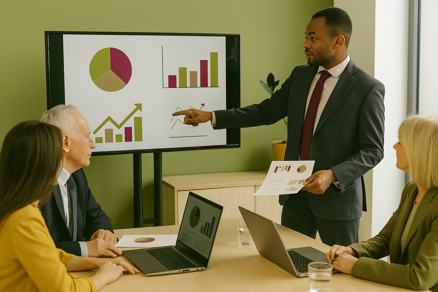 Alt Text: Business professionals presenting financial data to investors and board members