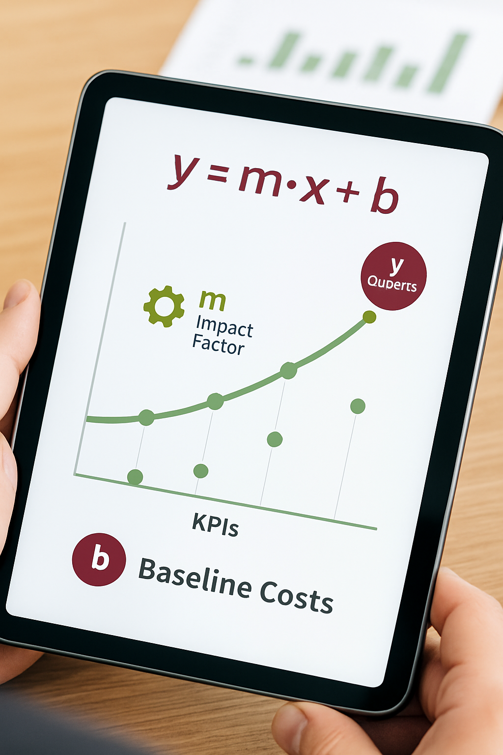 Close-up of financial dashboard showing rising slope m, baseline b for fixed costs, KPI data points x, and outcome y for business value