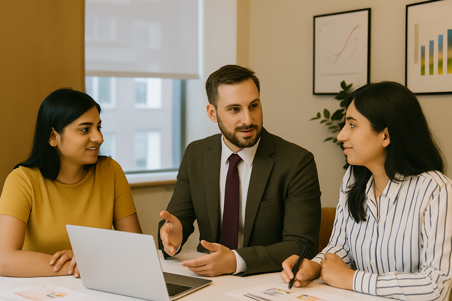 Financial professionals discussing strategy in office