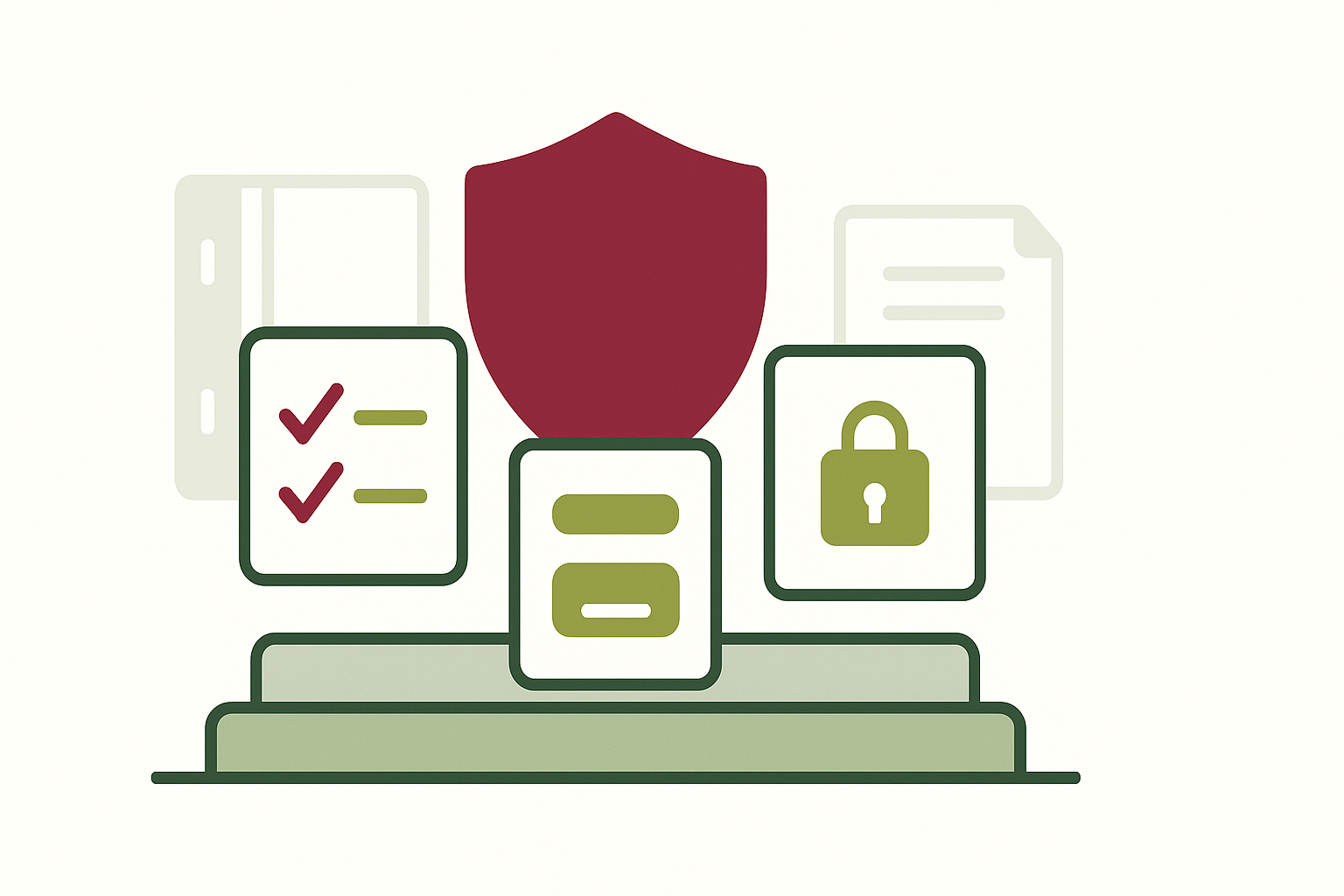 Illustration of shield and organized financial documents on a strong foundation platform representing business stability